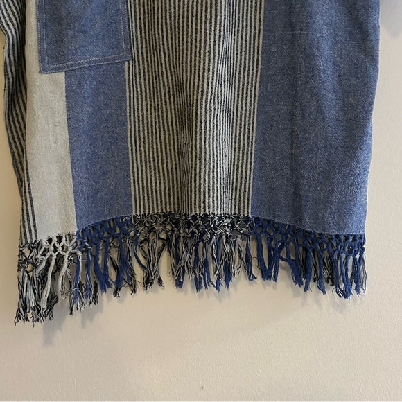 Apiece Apart Navy Blue White Stripe Top Boho Fringe Silk Contrast Short Sleeve - Picture 3 of 8